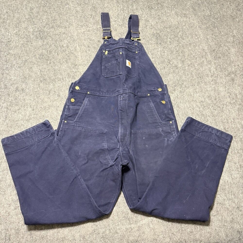 Carhartt R01-M Navy Blue Duck Canvas Bib Overalls Double Knee Mens 40x34 102776